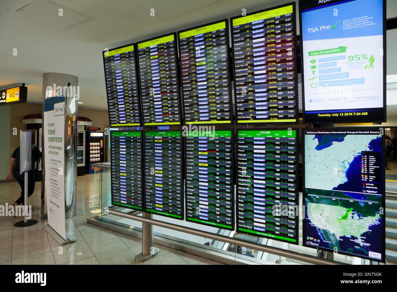 BWI International airport flight information display - USA Stock Photo