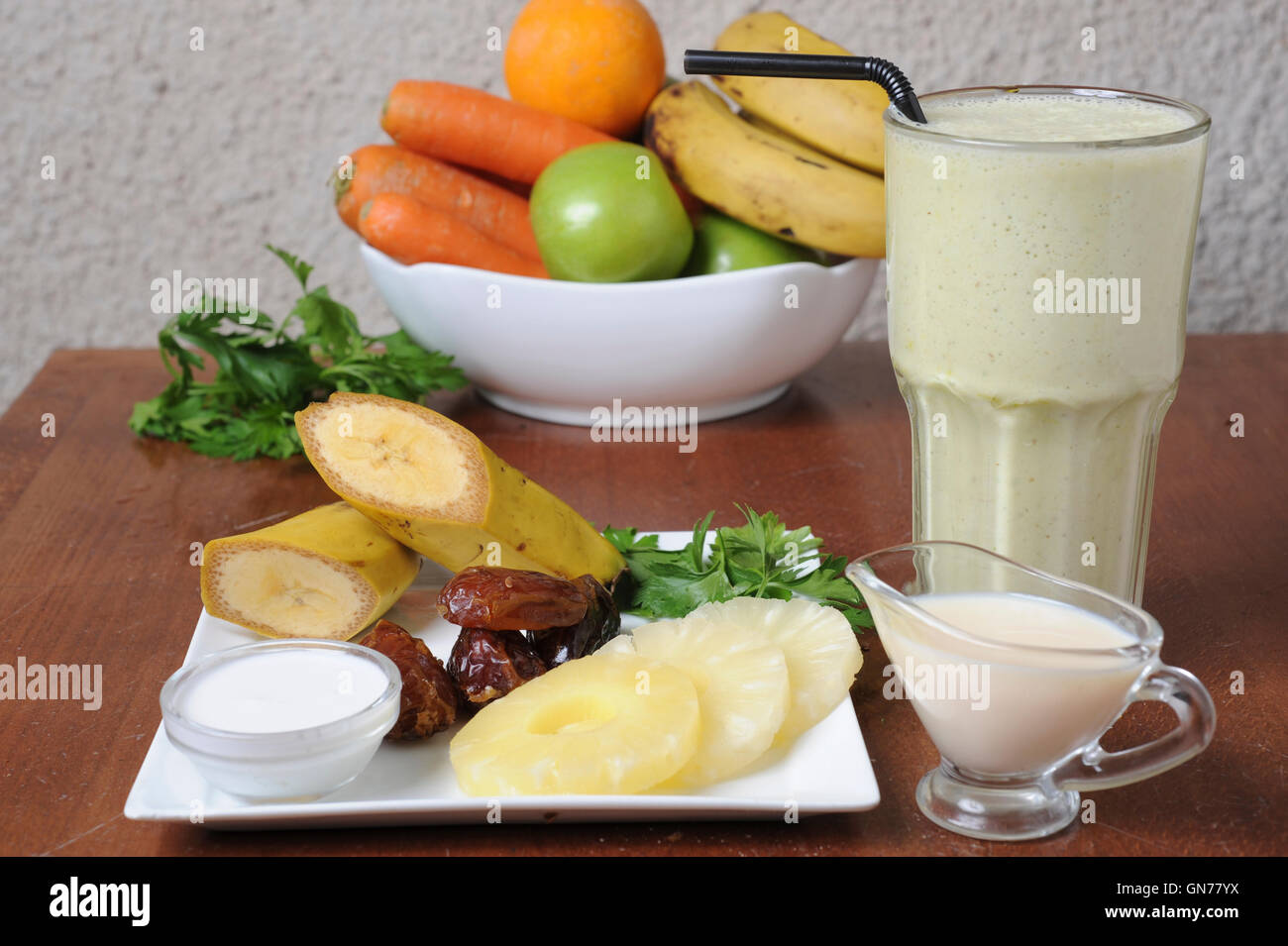 Organic Health Food meal. Fruit, vegetables and a shake drink Stock Photo