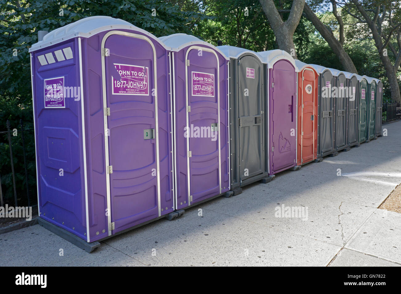 A colorful row of portable toilets outside Madison Square Park in ...