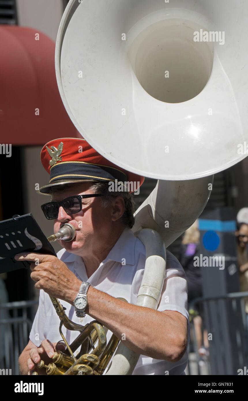 A man in the Yonkers Military Band playing the tuba in the 2016 Pakistan Day Parade in New York City. Stock Photo