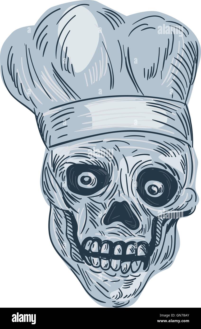 Drawing sketch style illustration of a skull chef cook wearing chef hat