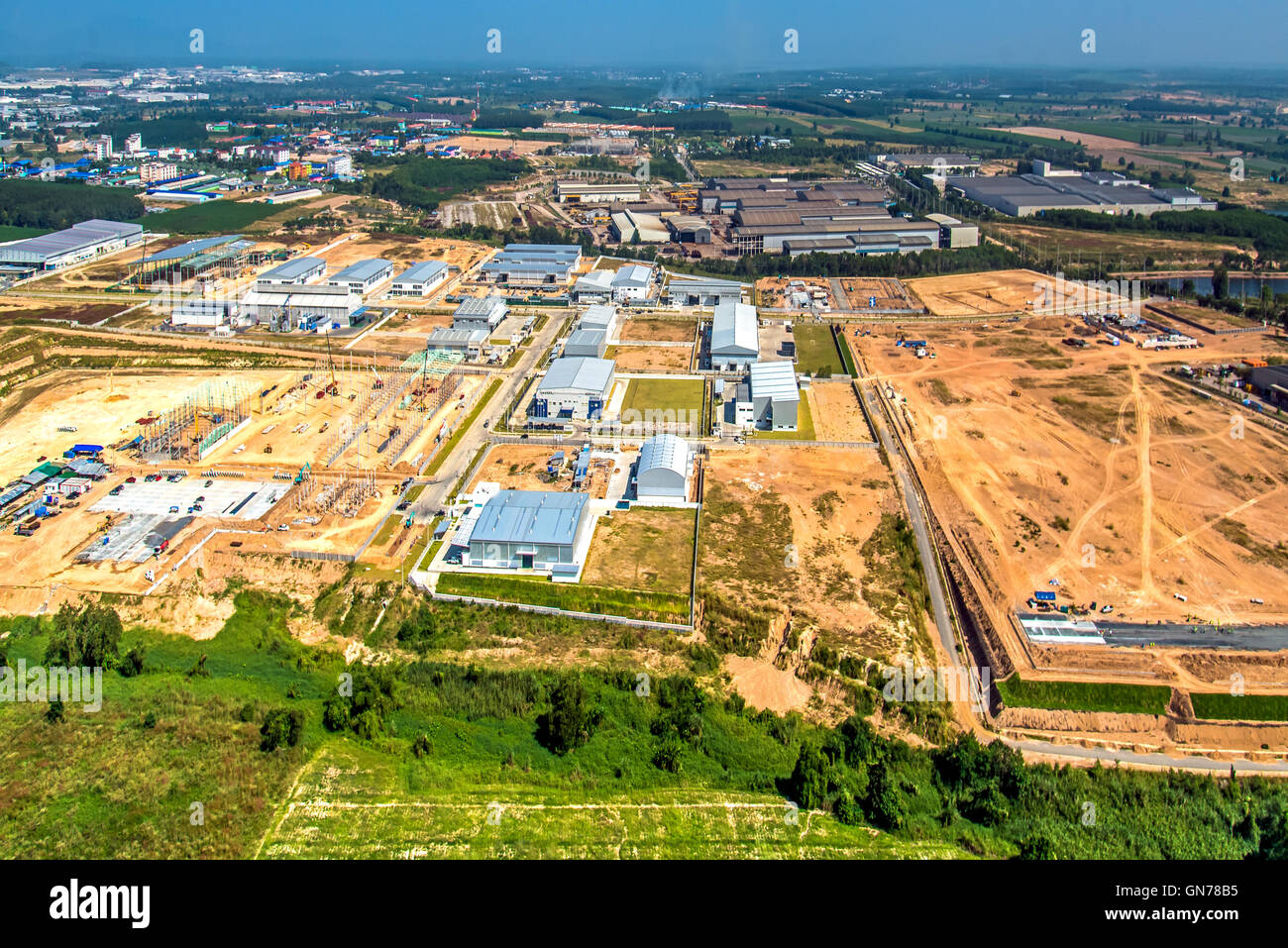 Industrial estate land development earthmoving and construction aerial view Stock Photo