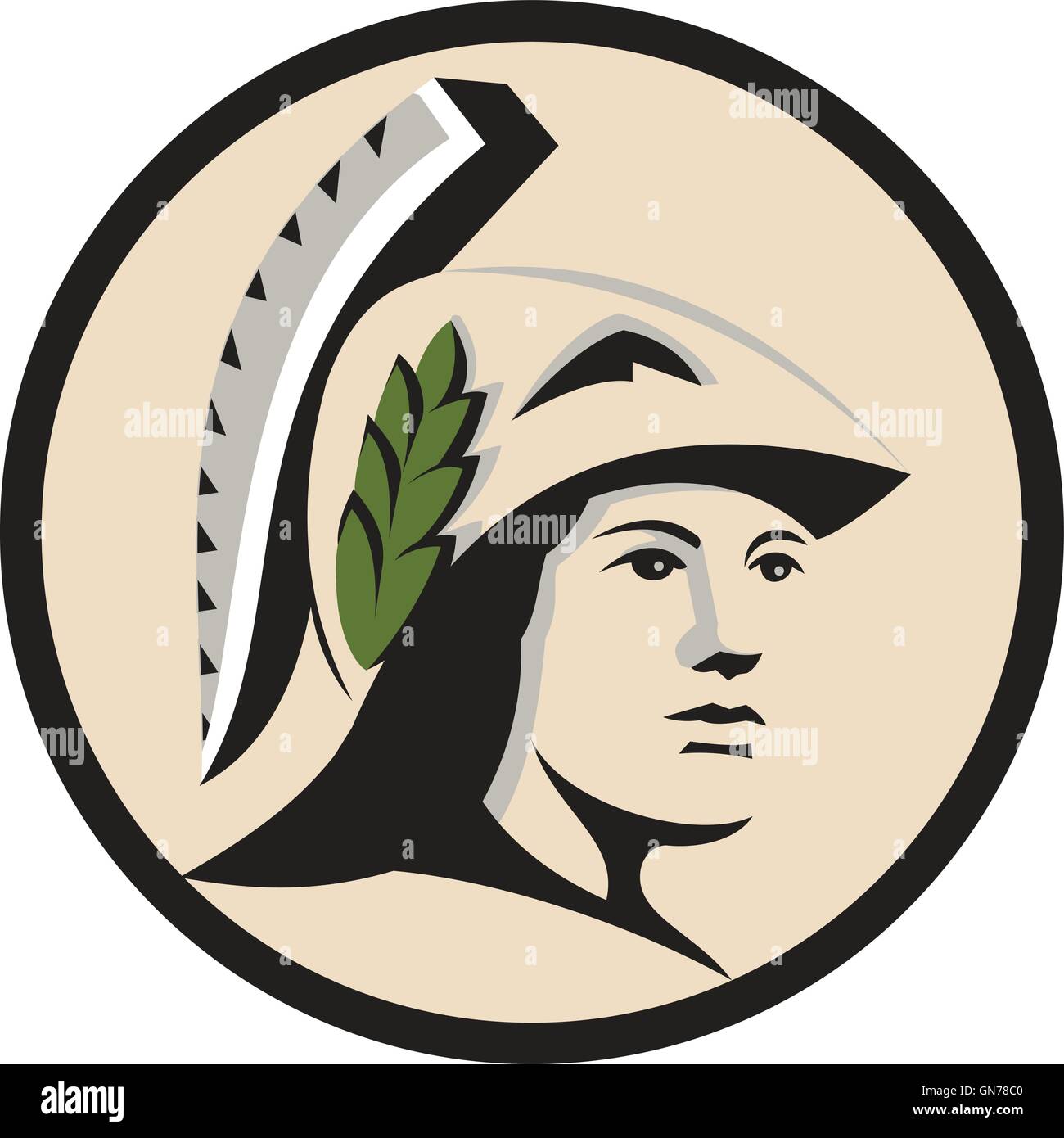 Illustration of Minerva or Menrva, the Roman goddess of wisdom and sponsor of arts, trade, and strategy wearing helment and laurel crown looking to the side viewed from front set inside circle done in retro style. Stock Vector