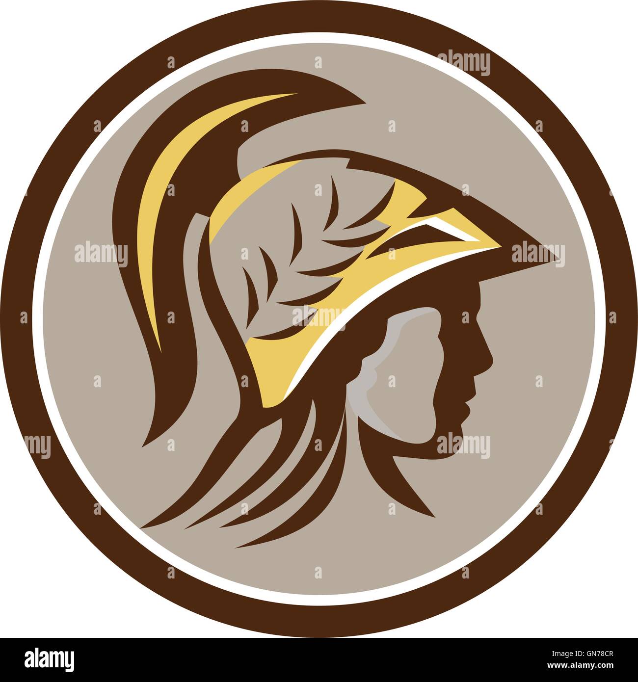 Illustration of Minerva or Menrva, the Roman goddess of wisdom and sponsor of arts, trade, and strategy head wearing helmet with laurel crown viewed from side set inside circle done in retro style. Stock Vector