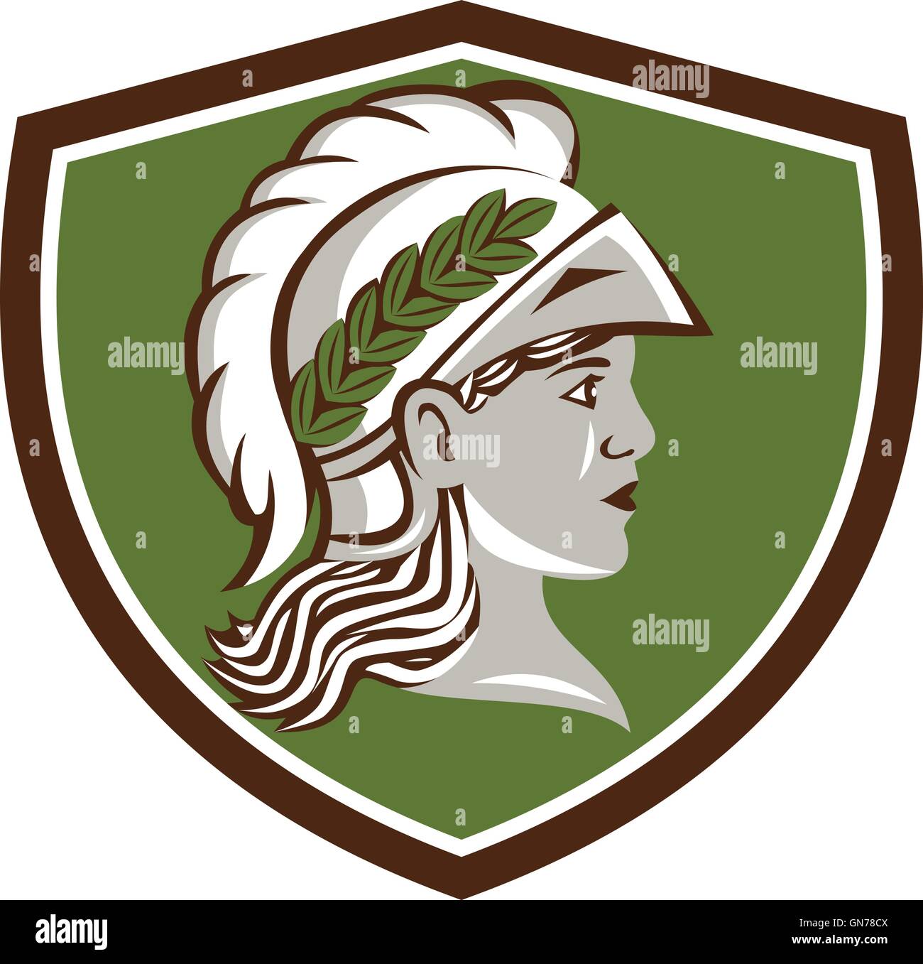 Illustration of Minerva or Menrva, the Roman goddess of wisdom and sponsor of arts, trade, and strategy wearing helment and laurel crown viewed from side set inside shield crest done in retro style. Stock Vector