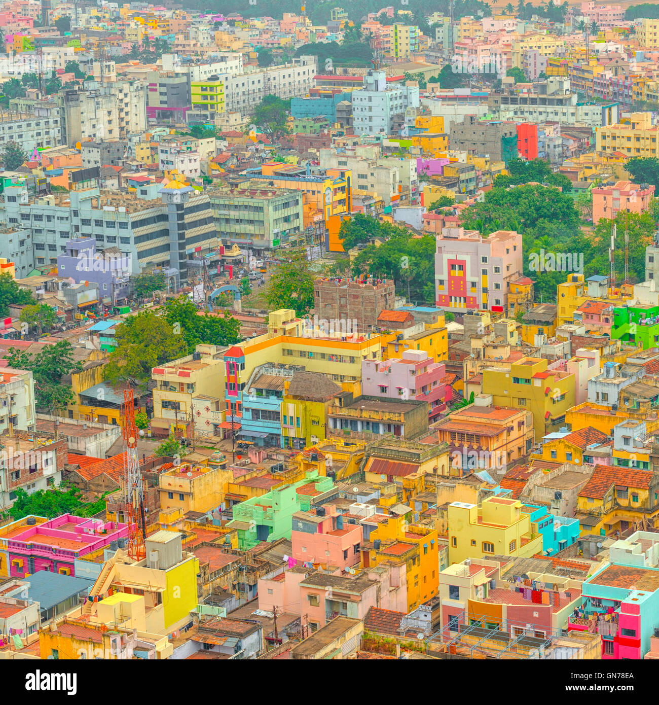 aerial view of colorful homes Indian city Trichy, Tamil Nadu Stock