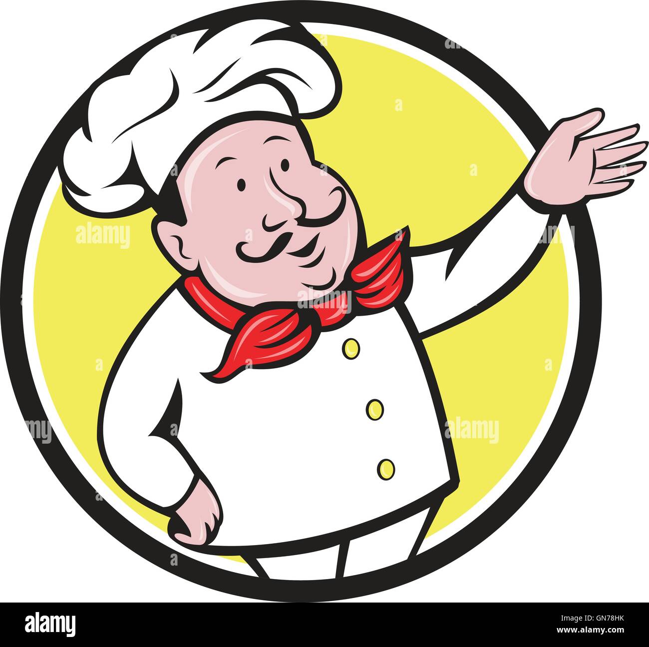 Illustration of a french chef cook baker with moustache wearing hat and  bandana on neck with arm out welcoming greeting viewed from front set  inside circle on isolated background done in cartoon