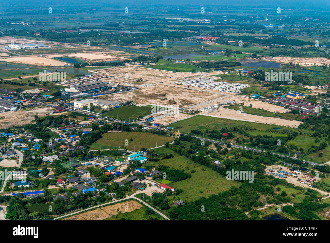 Industrial estate land development construction and residential area aerial view Stock Photo