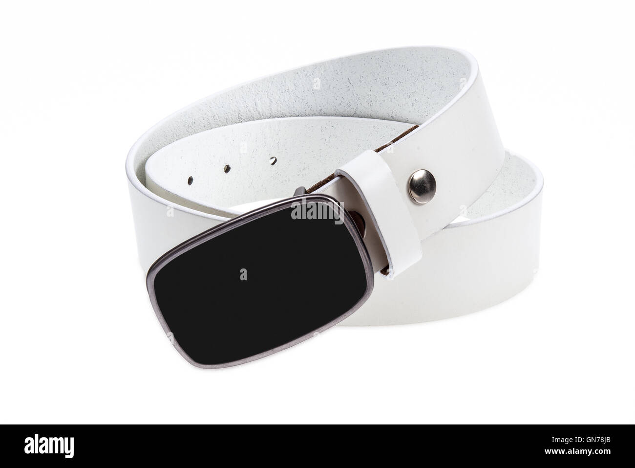 Leather white belt with metal, black buckle on white background Stock Photo