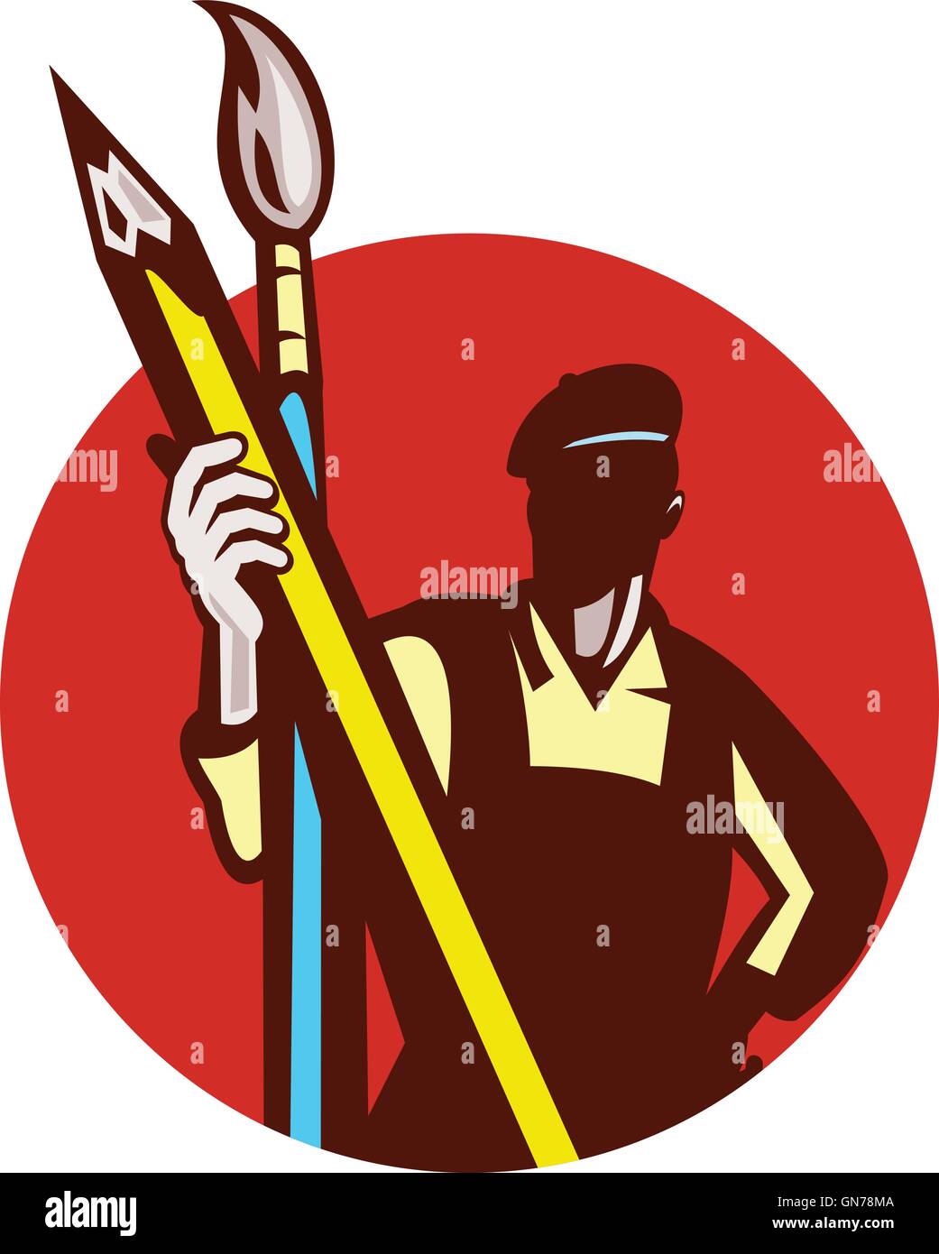 Illustration of an artist painter holding a pencil and paintbrush set