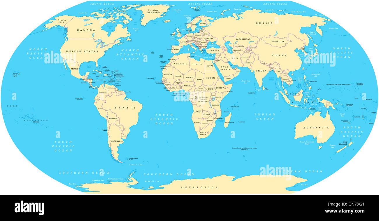 World map with shorelines, national borders, oceans and seas under the Robinson projection. English labeling. Illustration. Stock Photo