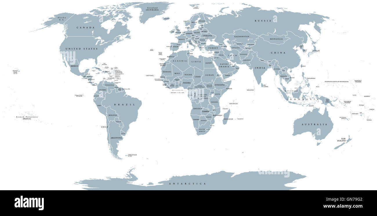 World political map. Detailed map of the world with shorelines, national borders and country names. Robinson projection. Stock Photo