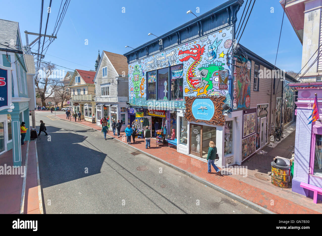 People walking on Commercial Street looking in stores in Provincetown, Cape Cod, Mass. Stock Photo