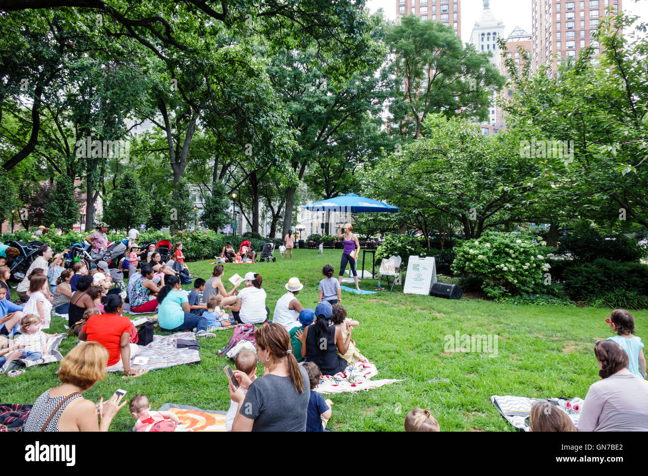 New York City,NY NYC,Manhattan,Midtown,Union Square Park,public park,Summer in the Square,weekly entertainment series,event,activities,interactive sto Stock Photo