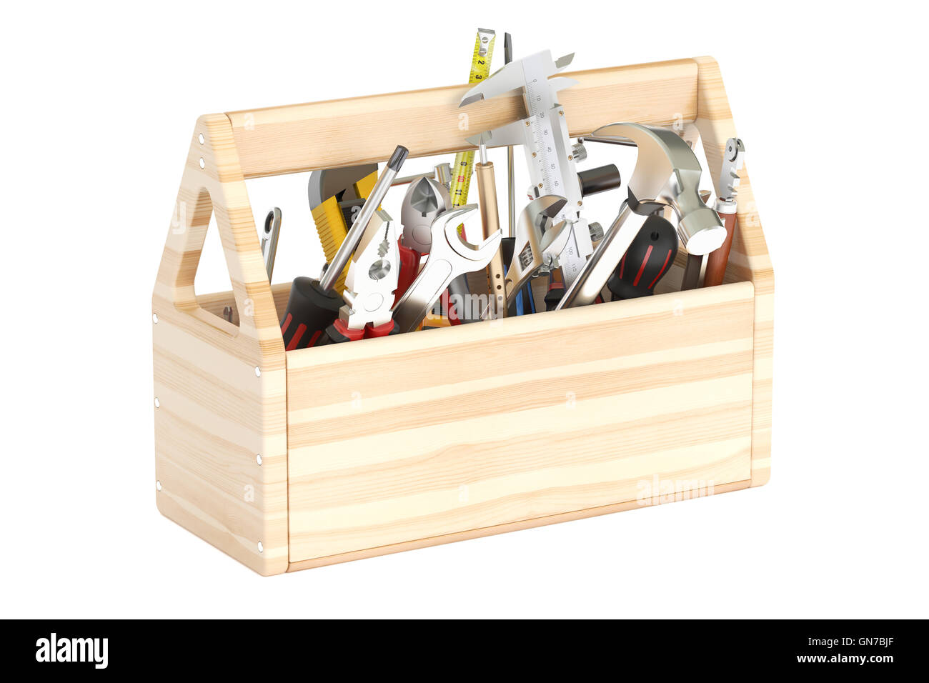 Wooden toolbox with tools, 3D rendering isolated on white background Stock Photo