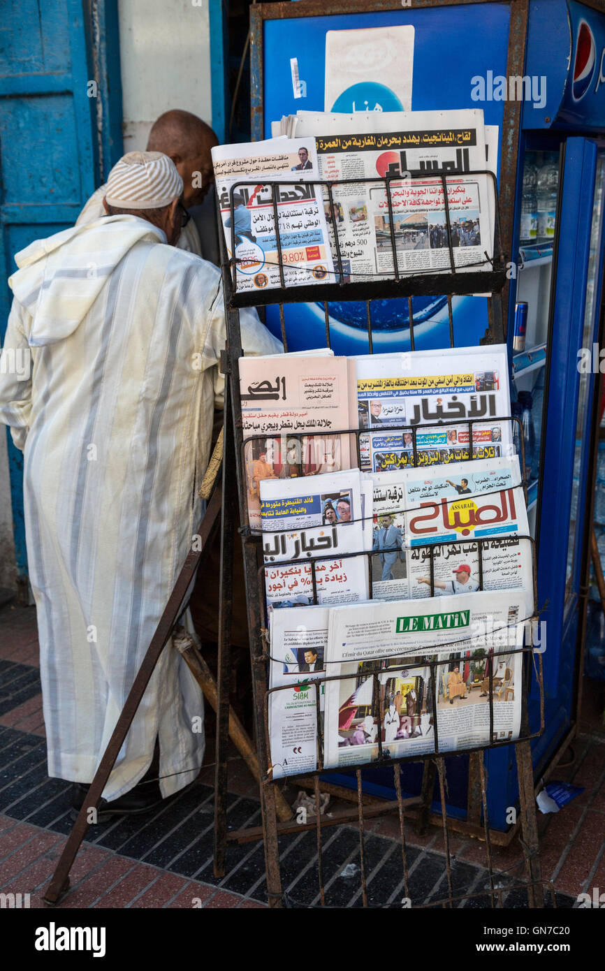 Essaouira, Morocco.  Arabic and French Newspapers on sale. Stock Photo