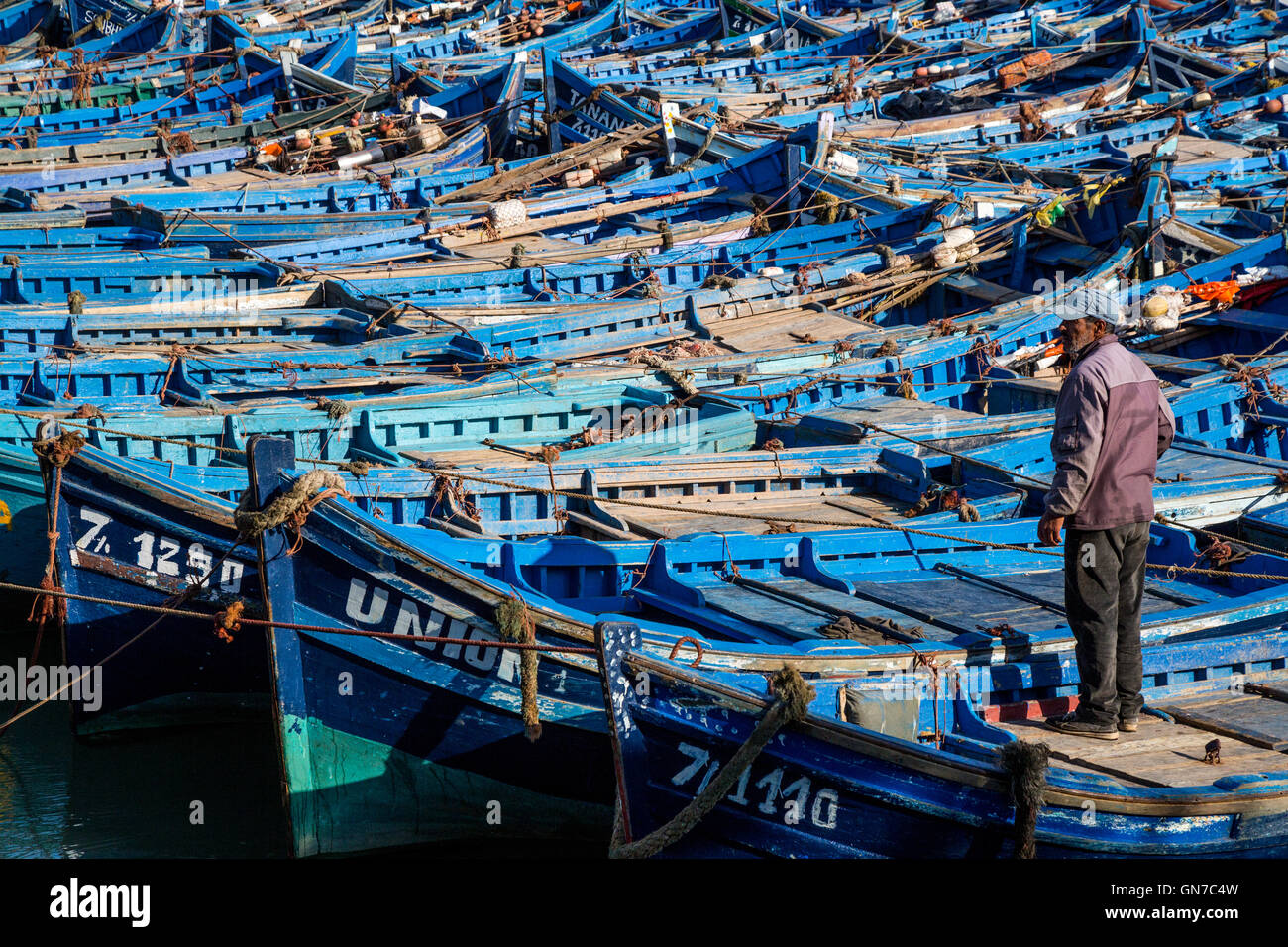 Essaouira, Morocco.  Small Boat Harbor.  How do I Move my Boat? Stock Photo