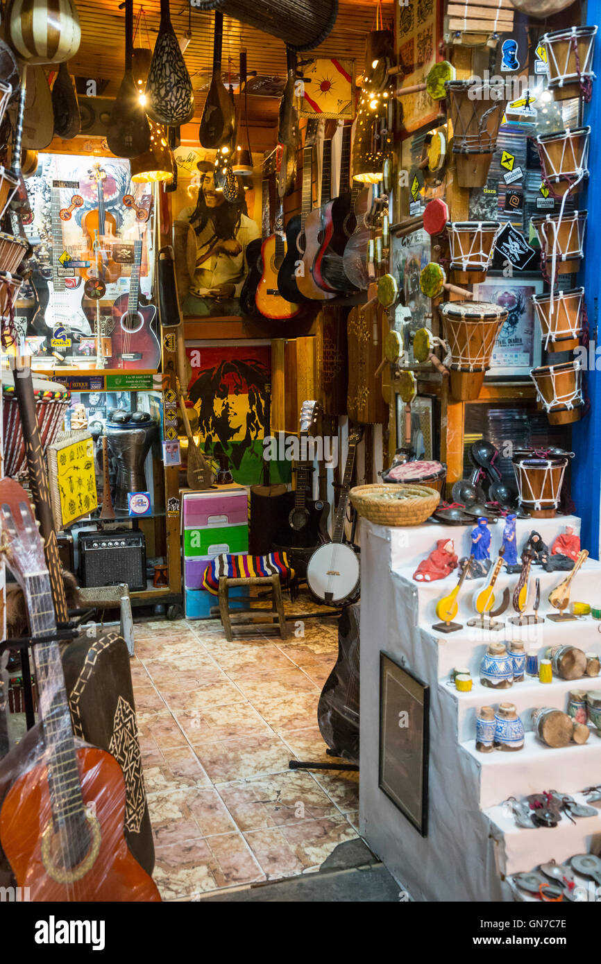 Essaouira, Morocco. Store Selling Musical Instruments. Stock Photo