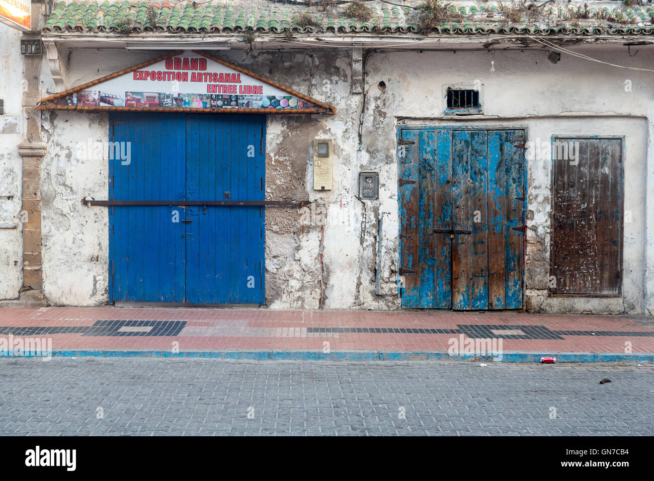 Essaouira, Morocco.  Closed Doors to Shops, Early Morning in the Medina. Stock Photo