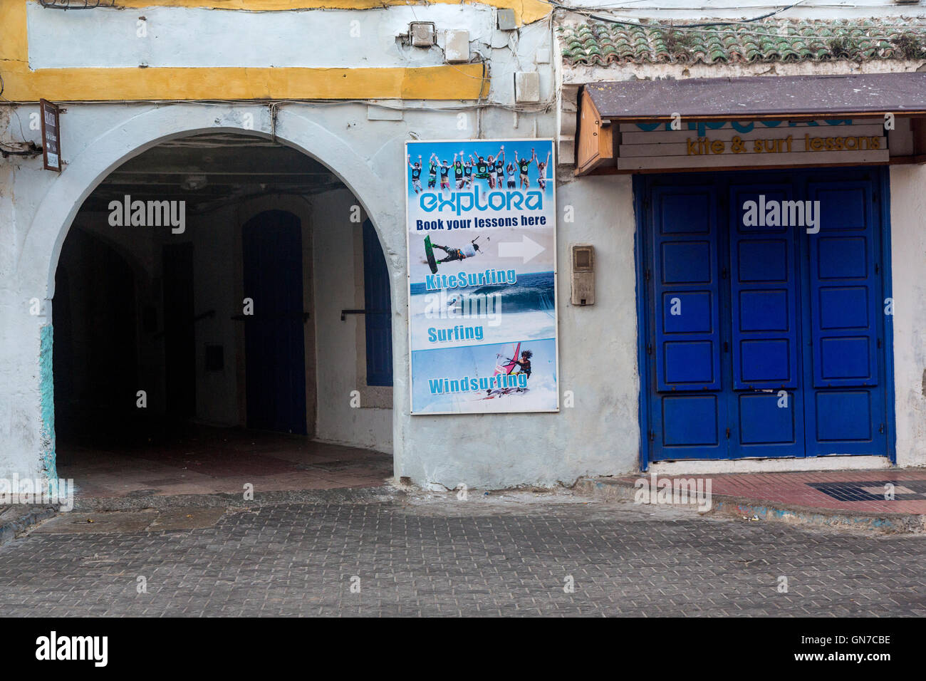 Essaouira, Morocco.  Closed Shop Doors, Early Morning in the Medina.  Sports Advertisement. Stock Photo