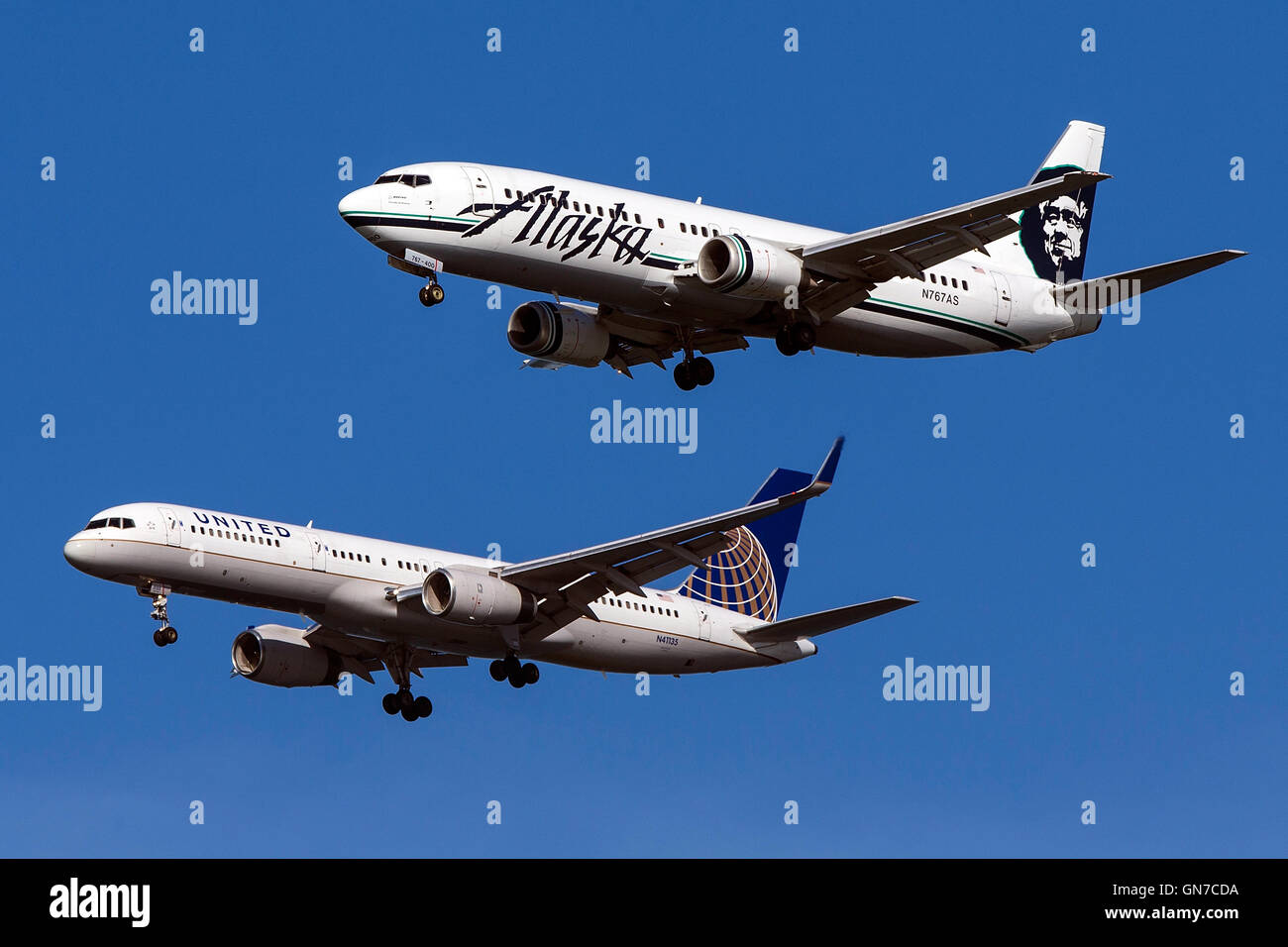 Alaska Airlines Boeing 737490 (registration N767AS) flies next to