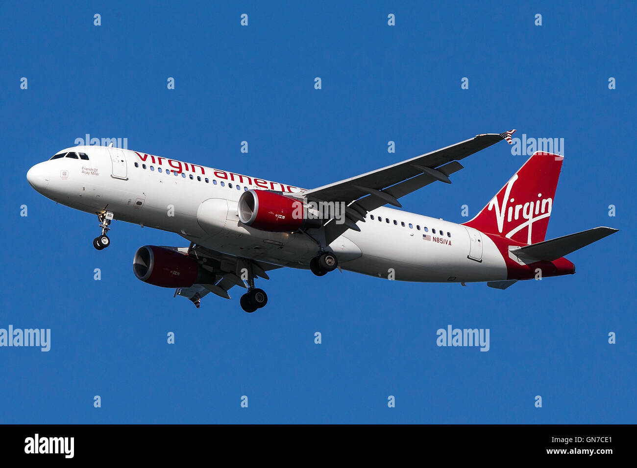 Virgin America Airbus A320-214 (registration N851VA) approaches San Francisco International Airport (SFO) over San Mateo, California, United States of America Stock Photo