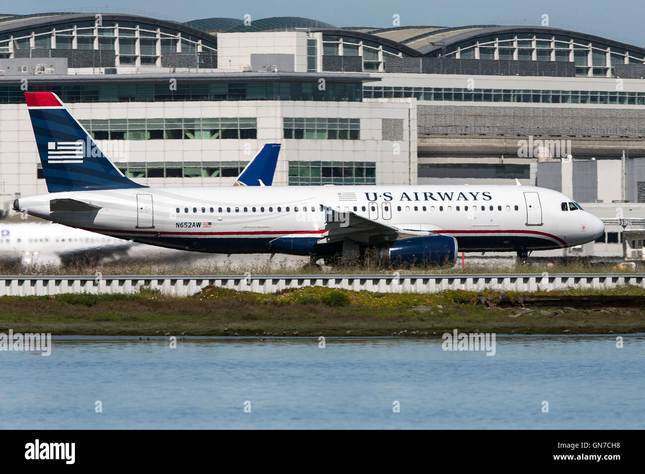 US Airways Airbus A320-232 (N652AW) on the runway before takeoff at San Francisco International Airport (SFO), Millbrae, California, United States of America Stock Photo