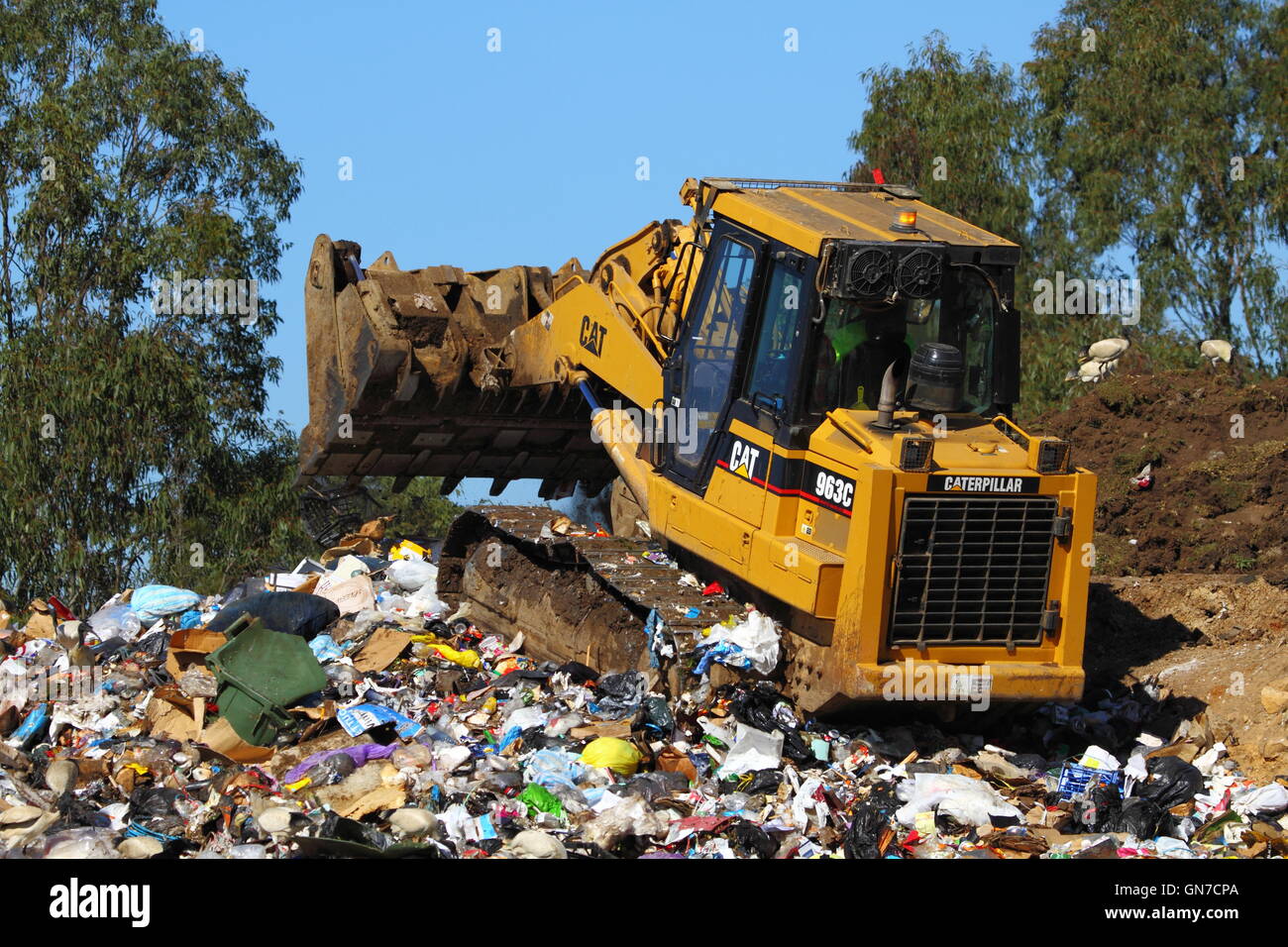 A Caterpillar 963C bulldozer pushes trash rubbish at a tip - or waste management facility - in NSW, Australia. Stock Photo