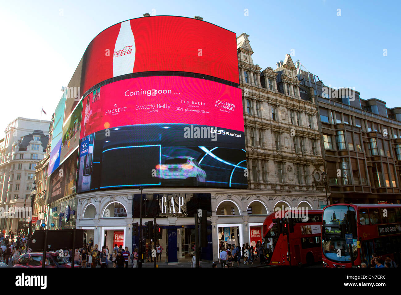 Piccadilly Circus road junction, Neon signs and public space of London
