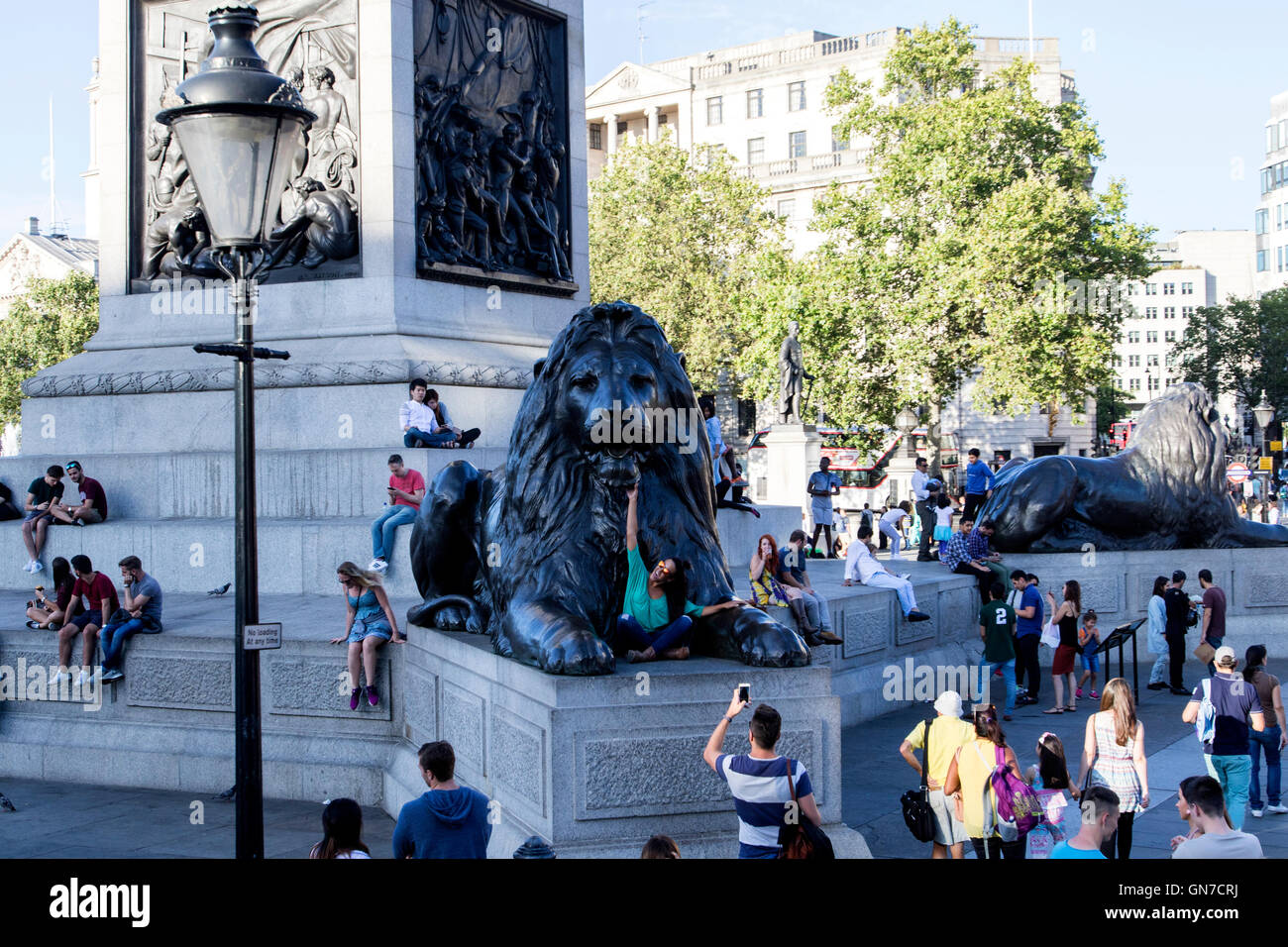 Tourists pose for photographs with the monumental bronze lions at the base of Nelson's Column in Trafalgar Square Central London Stock Photo