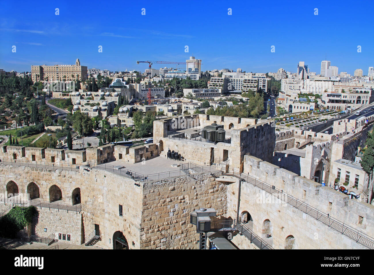 View of the city of Jerusalem from the top of the Jerusalem Citadel or Tower of David. Stock Photo