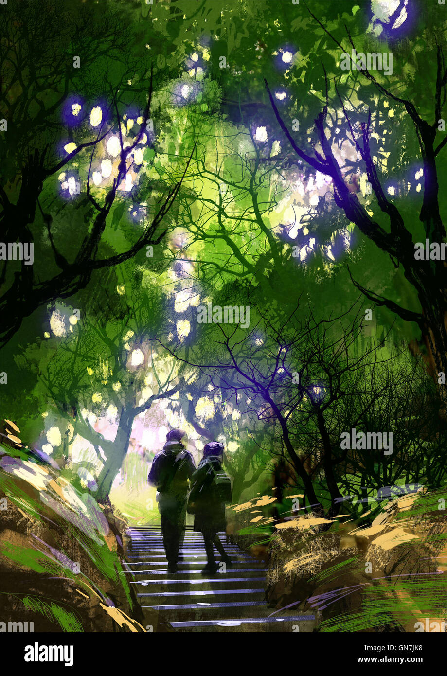 couple climbing up stairs in the park,illustration painting Stock Photo