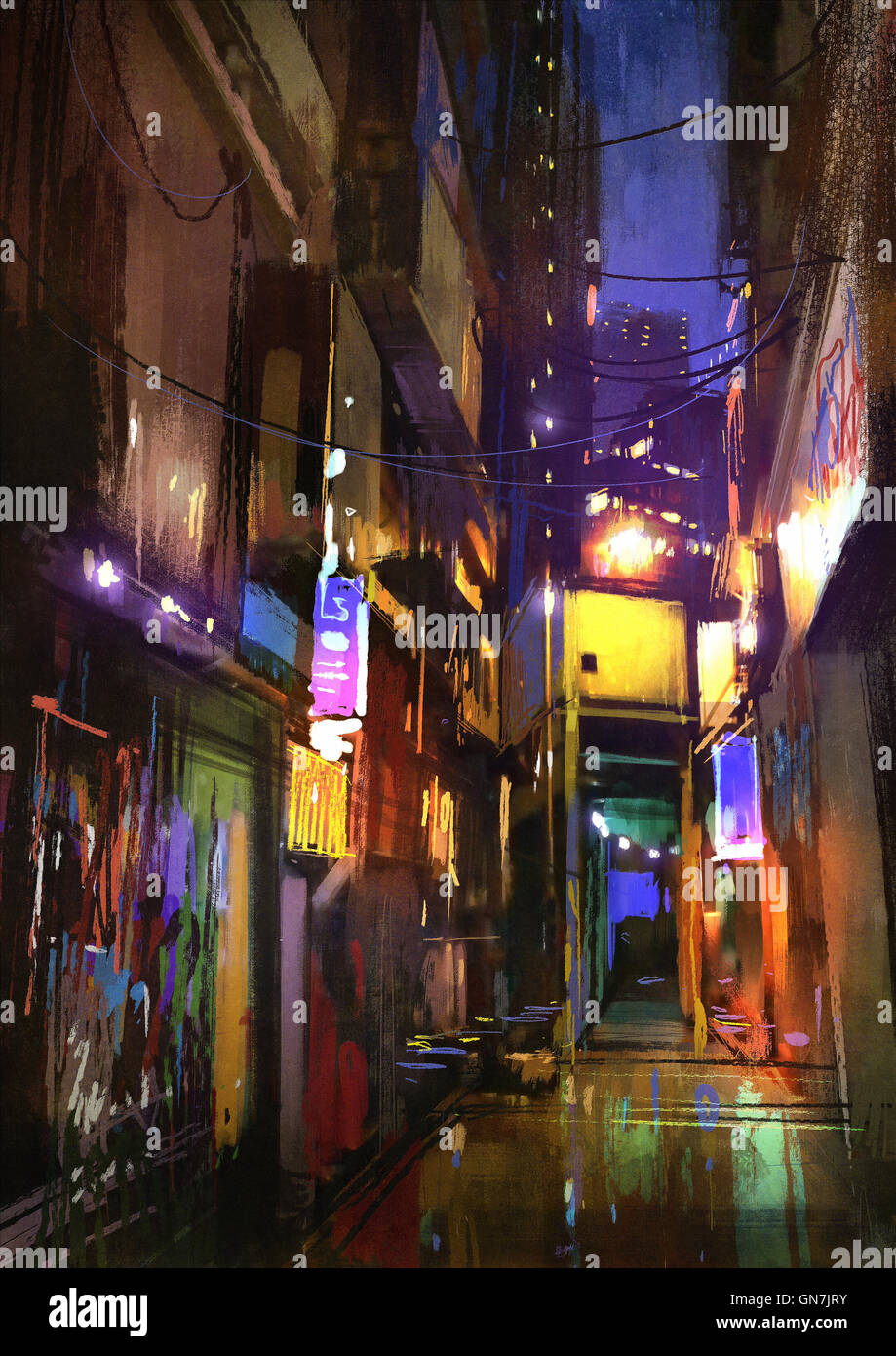 painting of dark alley at night,illustration Stock Photo