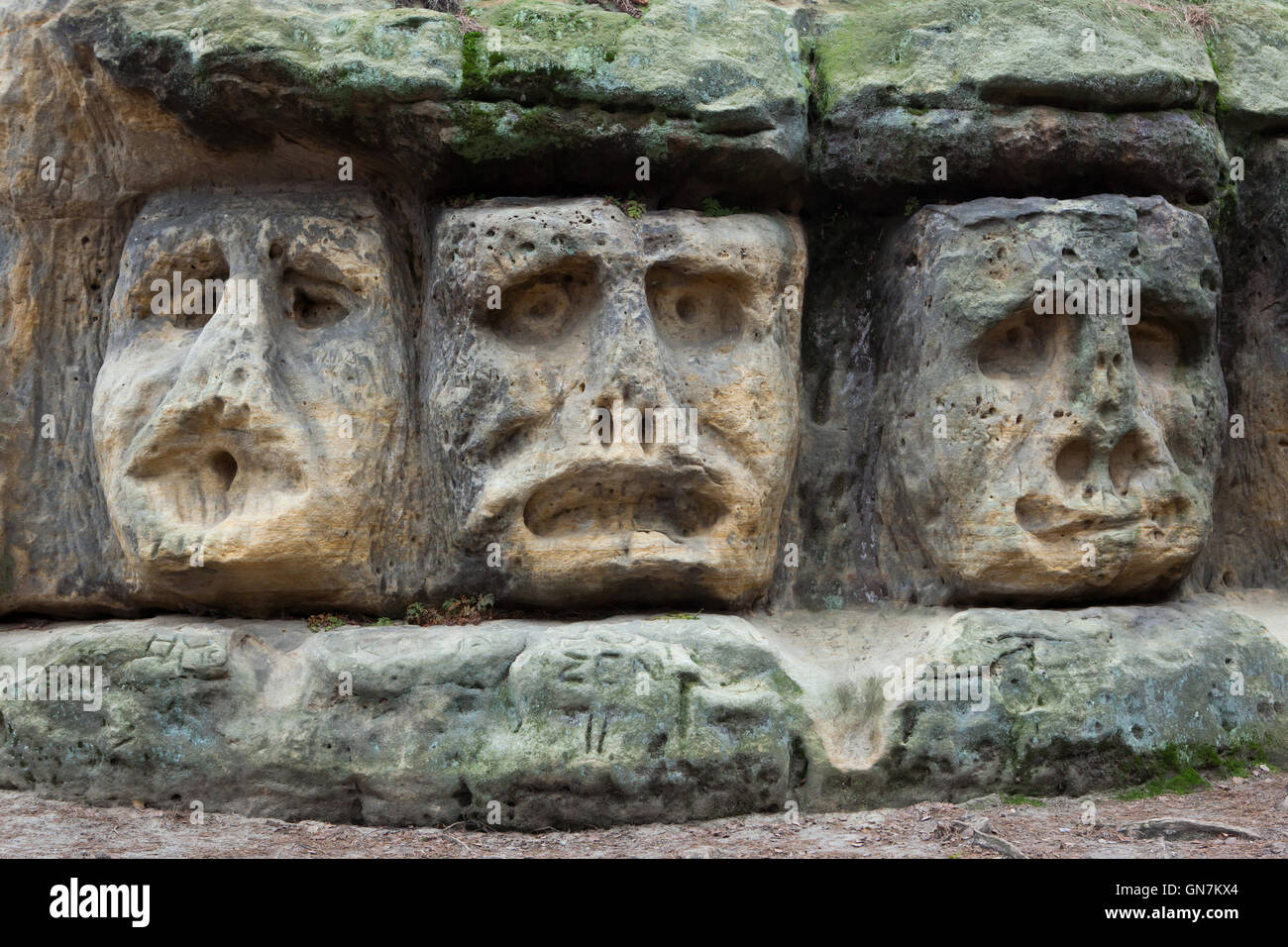 Stone faces carved by Czech sculptor Vaclav Levy in the sandstone rocks in the forest outside the village of Zelizy in Central Bohemia, Czech Republic. This complex of sculptural works known as the Harfenice (Harpist) was created by Vaclav Levy during the 1840s together with the Devil's Heads and the Klacelka Cave located in the forest nearby. Stock Photo