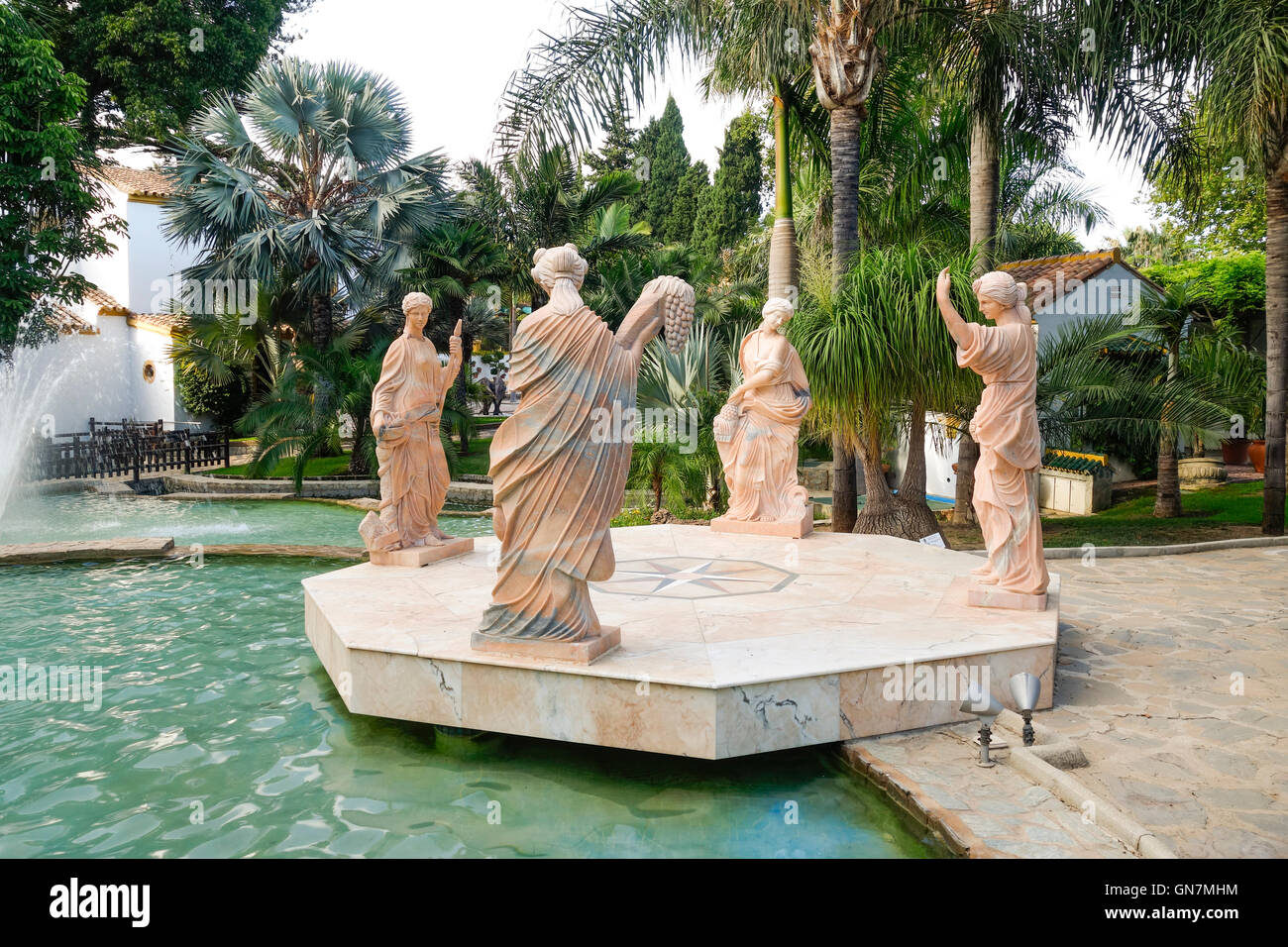 Marble statues representing four seasons in Botanical garden, Molino de Inca, Torremolinos, Andalusia, Spain. Stock Photo