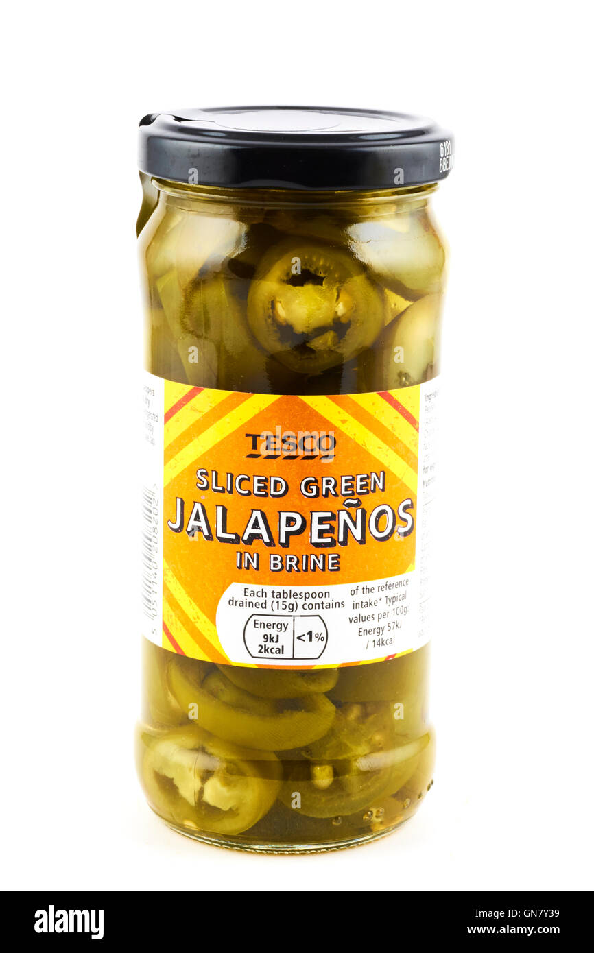 Tesco Sliced Green Jalapenos In Brine Stock Photo