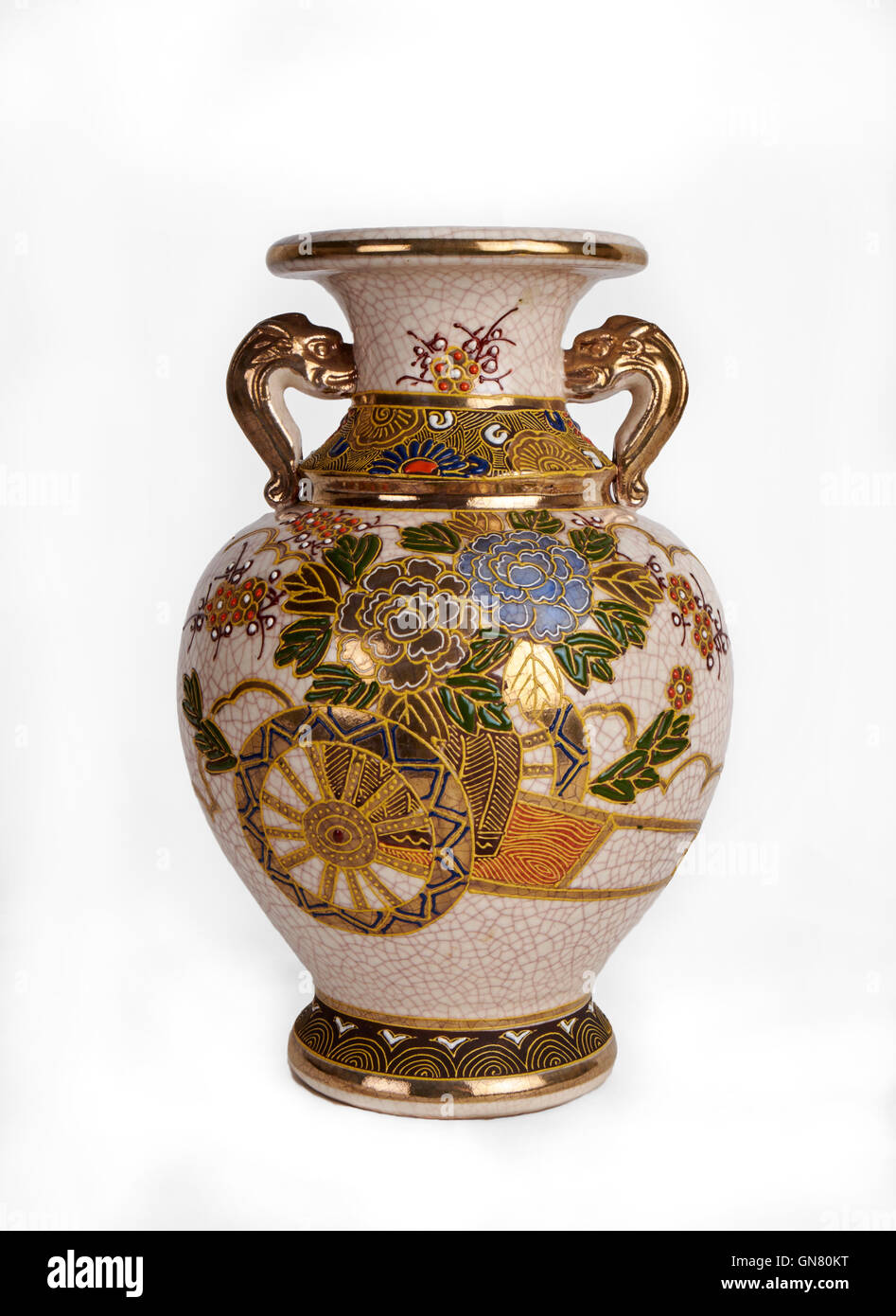 Antique Japanese porcelain vase isolated against a white background. Stock Photo