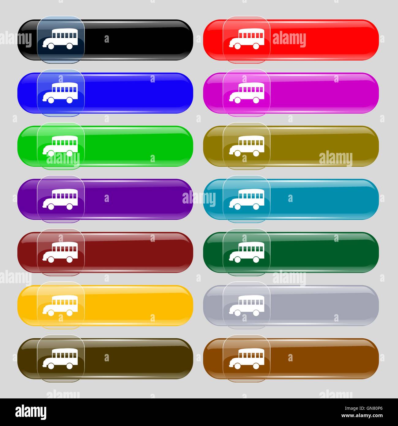 Bus icon sign. Set from fourteen multi-colored glass buttons with place for text. Vector Stock Vector