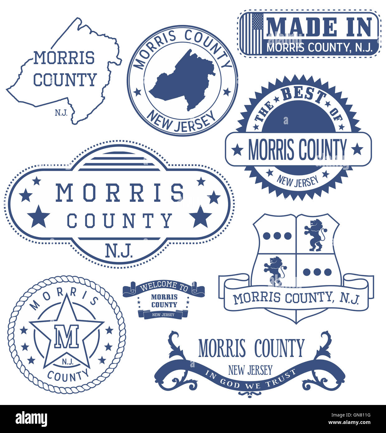 Morris county, New Jersey. Set of generic stamps and signs. Stock Photo
