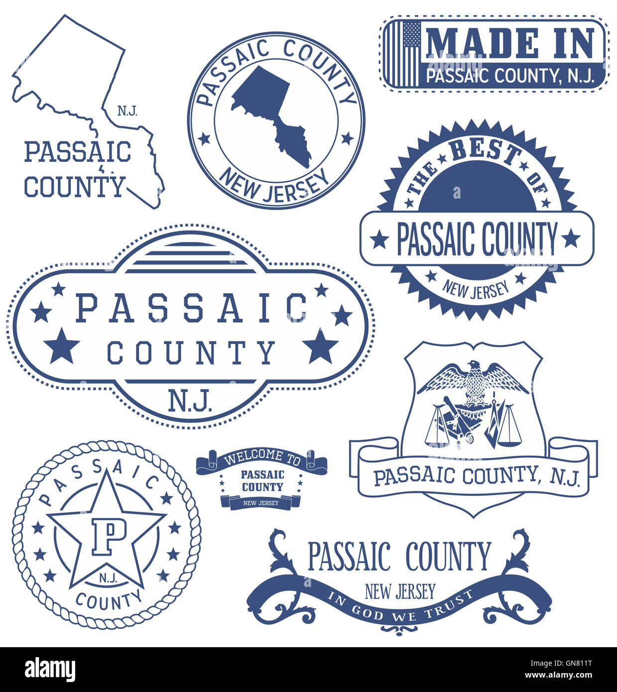 Passaic county, New Jersey. Set of generic stamps and signs Stock Photo