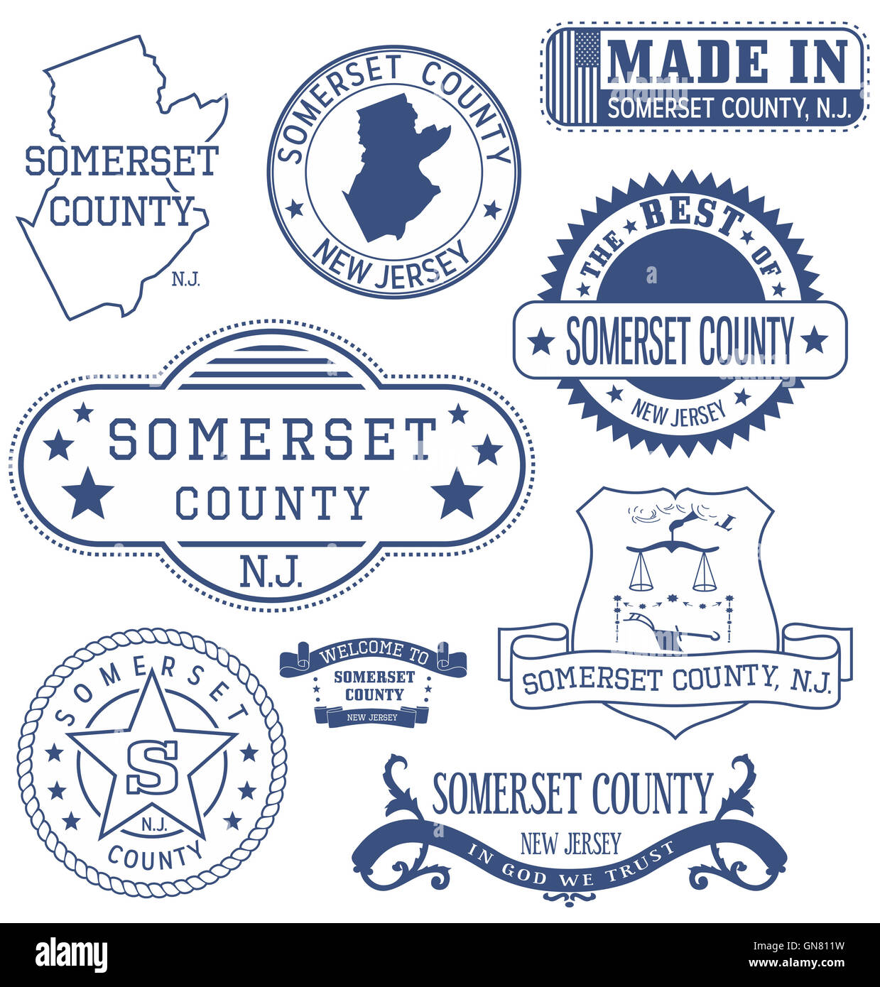 Somerset county, New Jersey. Set of generic stamps and signs Stock