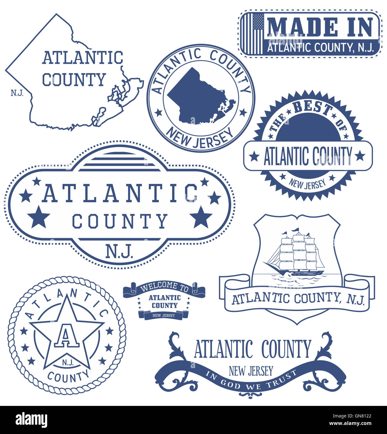Atlantic county, New Jersey. Set of generic stamps and signs Stock