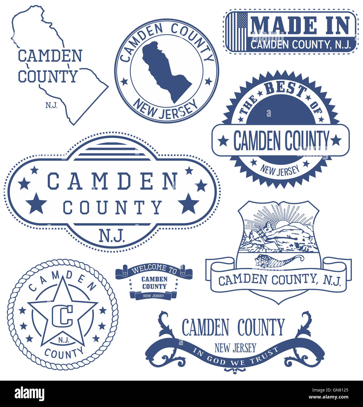 Camden county, New Jersey. Set of generic stamps and signs Stock Photo