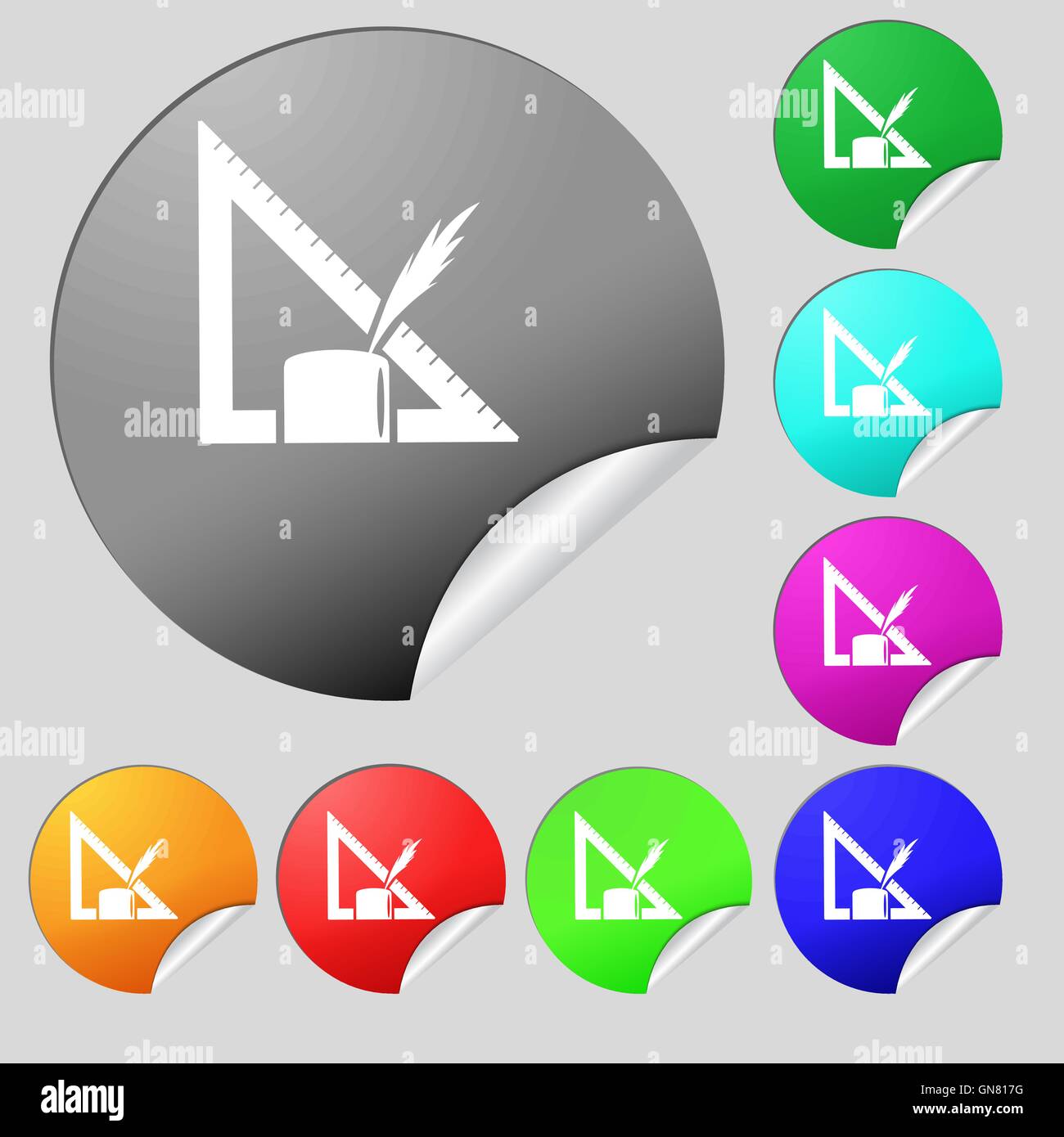 Pencil and ruler icon sign. Set of eight multi colored round buttons ...