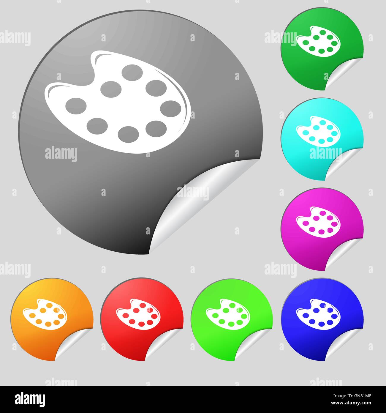 Paint with palette icon sign. Set of eight multi colored round buttons ...