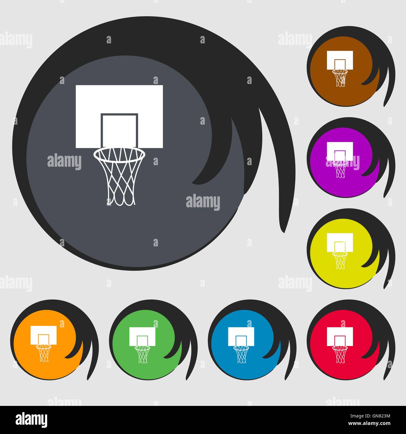 Basketball backboard icon. Symbols on eight colored buttons. Vector