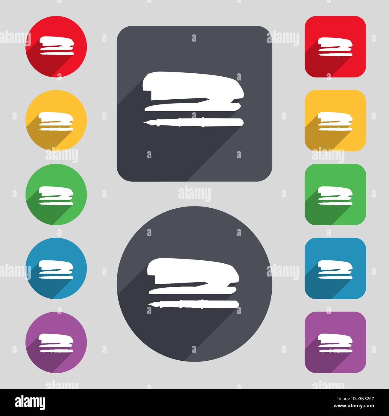 Stapler and pen icon sign. A set of 12 colored buttons and a long ...