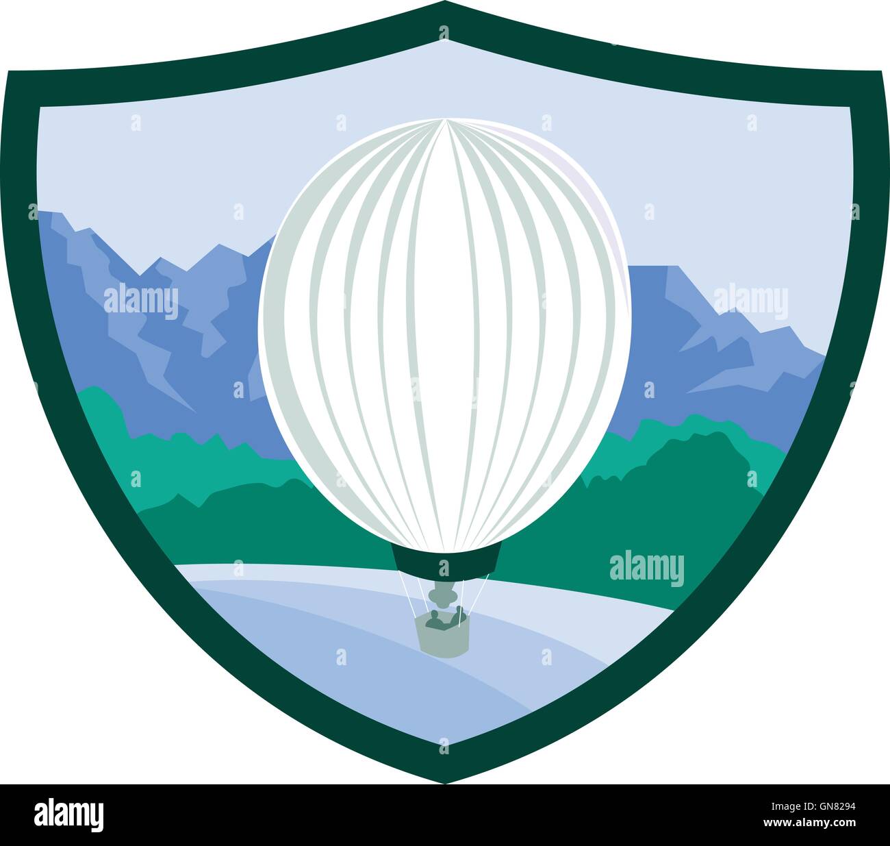 Hot Air Ballooning Sea Tree Mountains Crest Retro Stock Vector