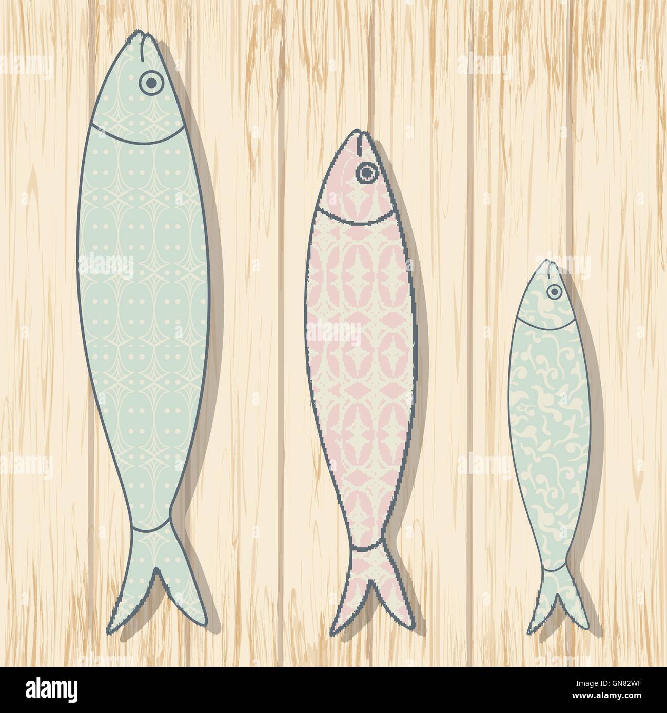 Traditional Portuguese icon. Colored sardines with geometric che Stock Vector