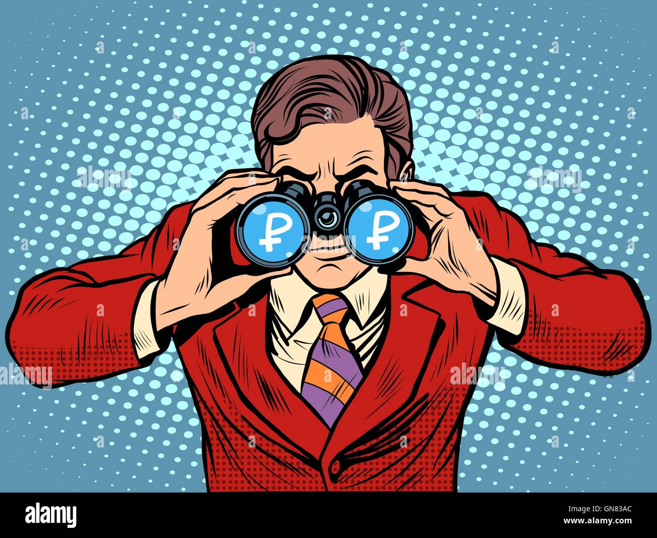 Financial monitoring of currency ruble businessman binoculars Stock Vector